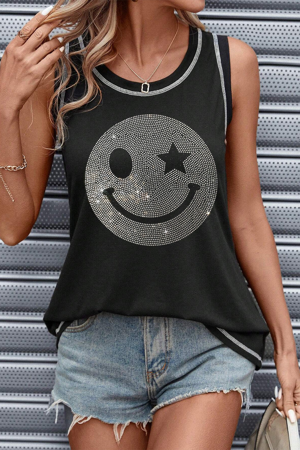 Black rhinestone smiley face tank top with contrast stitching