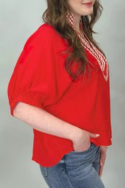V Neck Plaid Collar Short Sleeve Tunic Blouse, back view