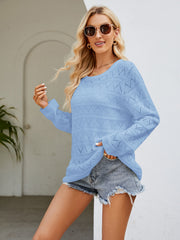 Sky Blue openwork knit crewneck pullover sweater with diamond pattern detail.