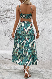 Tropical leaf print cami crop top and tiered maxi skirt set in turquoise.