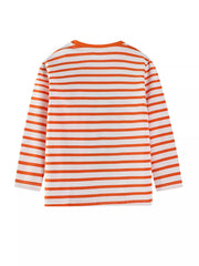 Baby long-sleeve tee with orange and white stripes.
