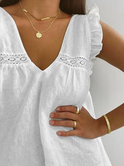 White ruffled V-neck top with lace trim and flutter sleeves.