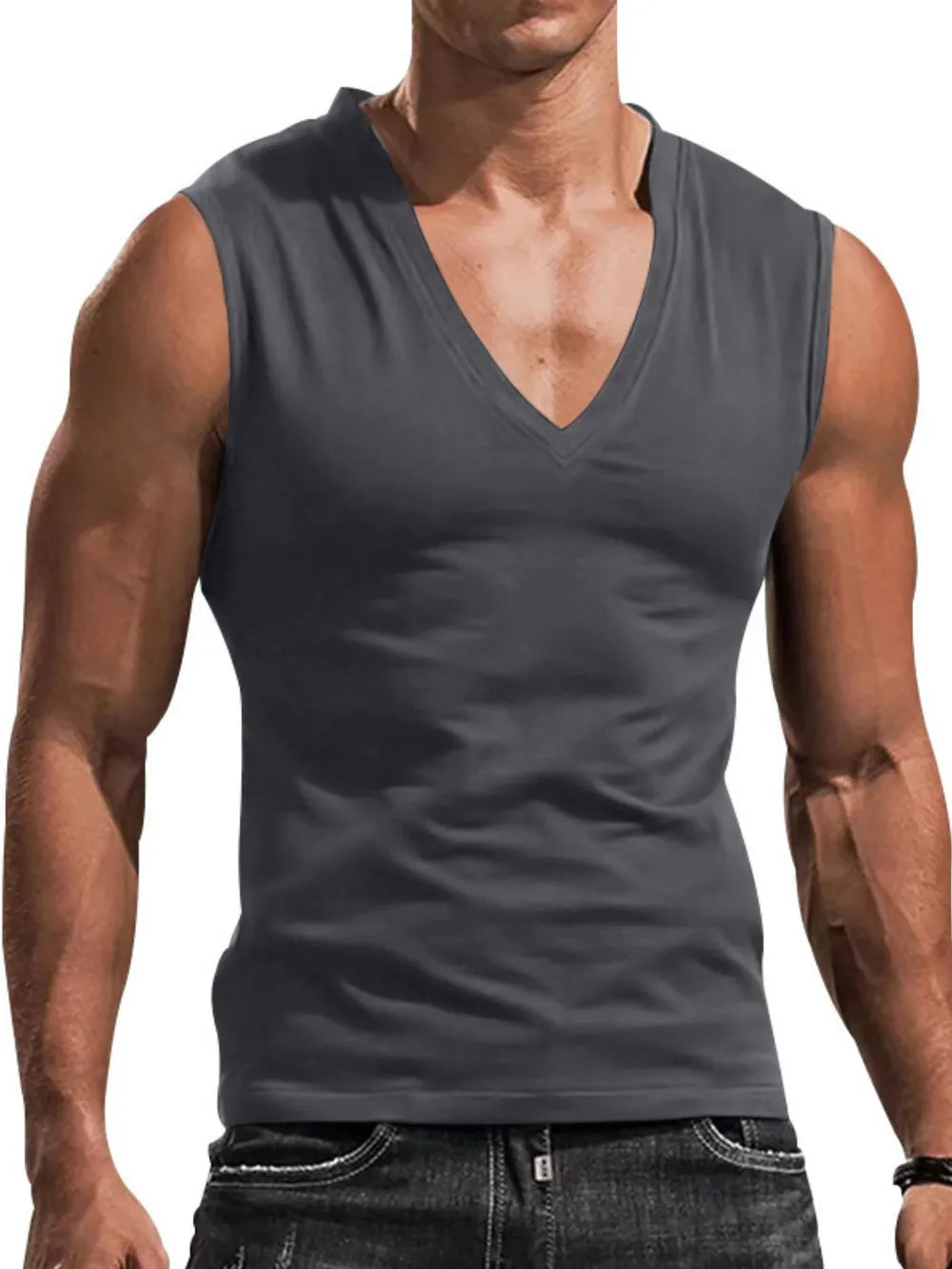 Sculpted V-neck muscle tank top in dark gray, sleeveless, form-fitting activewear.