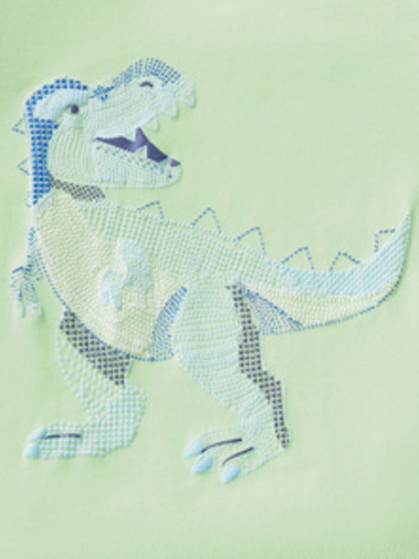 Children's light green cotton tee with blue dinosaur embroidery detail