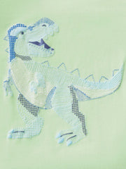 Children's light green cotton tee with blue dinosaur embroidery detail