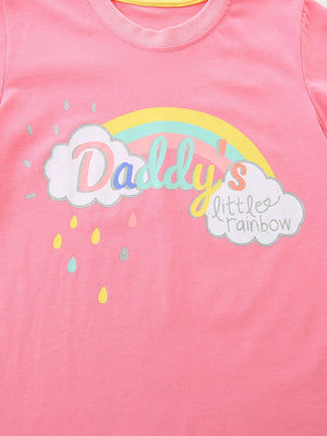 Pink t-shirt with "Daddy's Little Rainbow" graphic, clouds, and colorful raindrops.