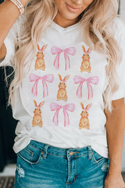 White Easter bunny watercolor print tee with pink bows