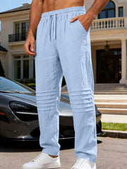 Men's light blue linen-blend drawstring sweatpants with pleated detail
