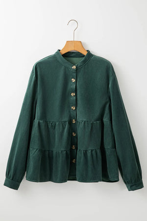 Dark green corduroy tiered button-up blouse with a band collar and long sleeves.