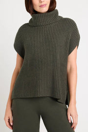 Sleeveless ribbed turtleneck sweater in army green with side slits.