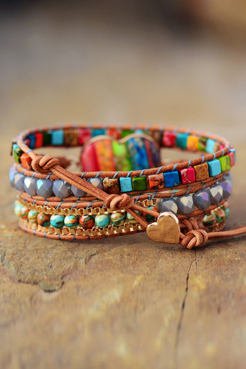 Multicolor beaded wrap bracelet with leather cord and gold heart charm