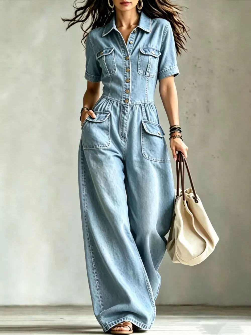 Denim Wide-leg Jumpsuit With Chest Pockets in Black, front view