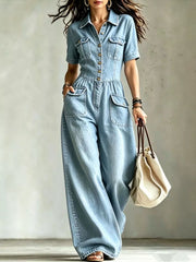 Denim Wide-leg Jumpsuit With Chest Pockets in Black, front view