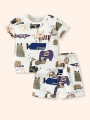 Toddler cotton crew neck set with playful animal print in beige, featuring a short sleeve top and shorts.