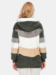 Teddy fleece zip-up hoodie with horizontal color blocking in green, grey, white, and taupe.