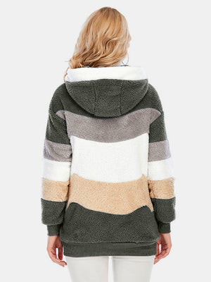 Teddy fleece zip-up hoodie with horizontal color blocking in green, grey, white, and taupe.