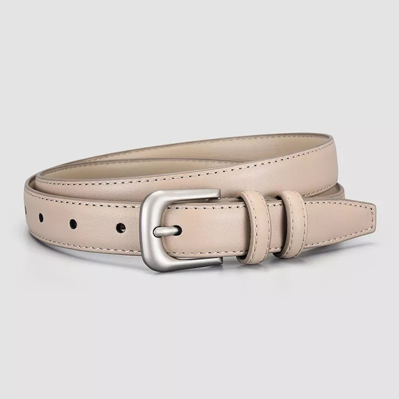 Khaki cowhide leather belt with silver buckle and stitched detail