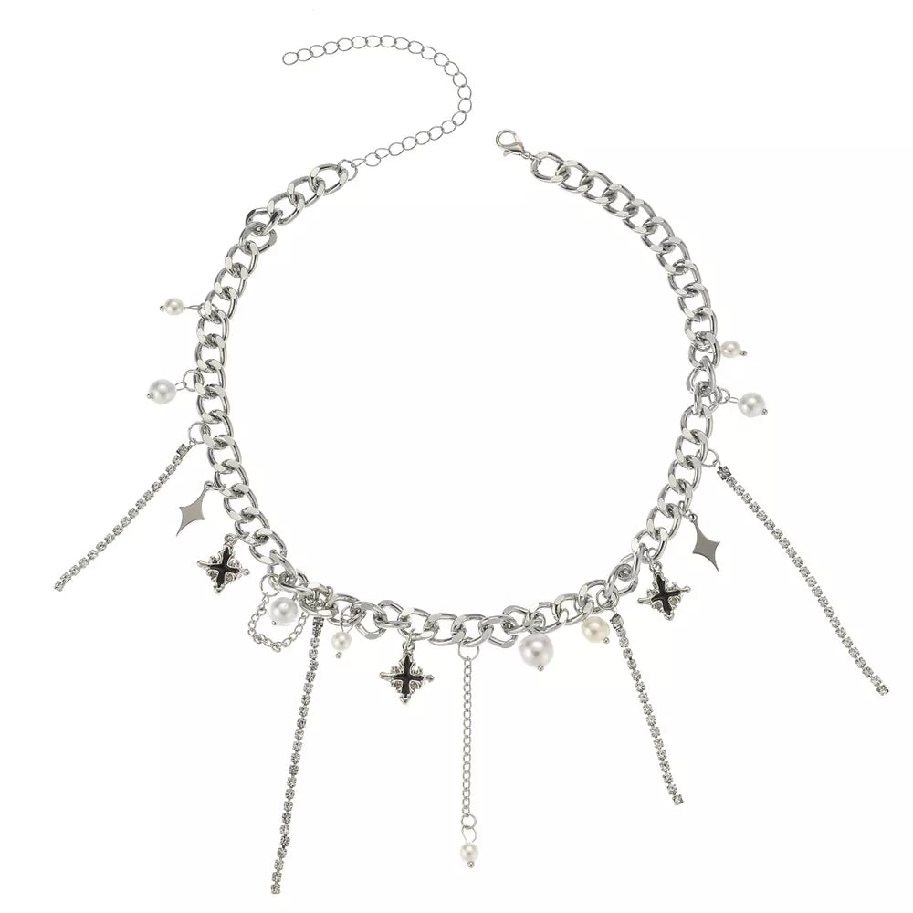 Tassel Star-moon Synthetic Pearl Pendant Choker in Silver, alternate angle