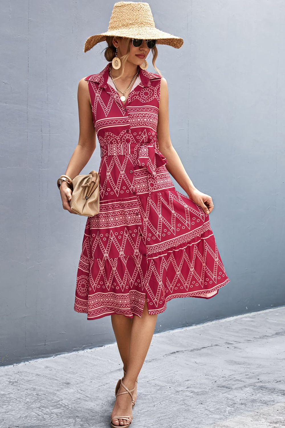 Deep Red geometric print sleeveless midi dress with a tie waist and collared neckline.