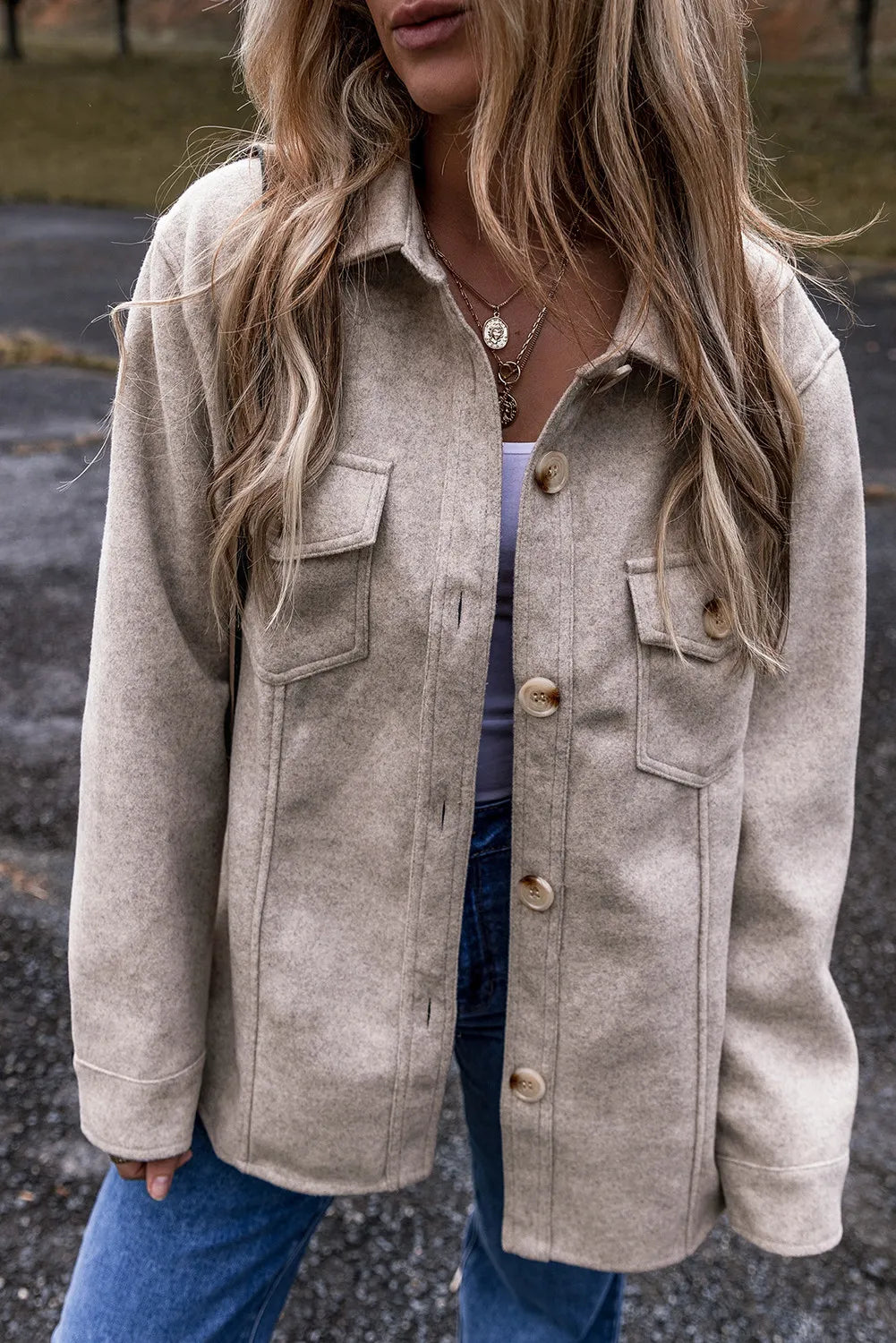 Fleece textured utility shirt jacket in Dust Storm with button front and chest pockets.