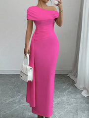 Chic asymmetrical ruched maxi dress in pink with off-the-shoulder neckline and body-hugging fit.