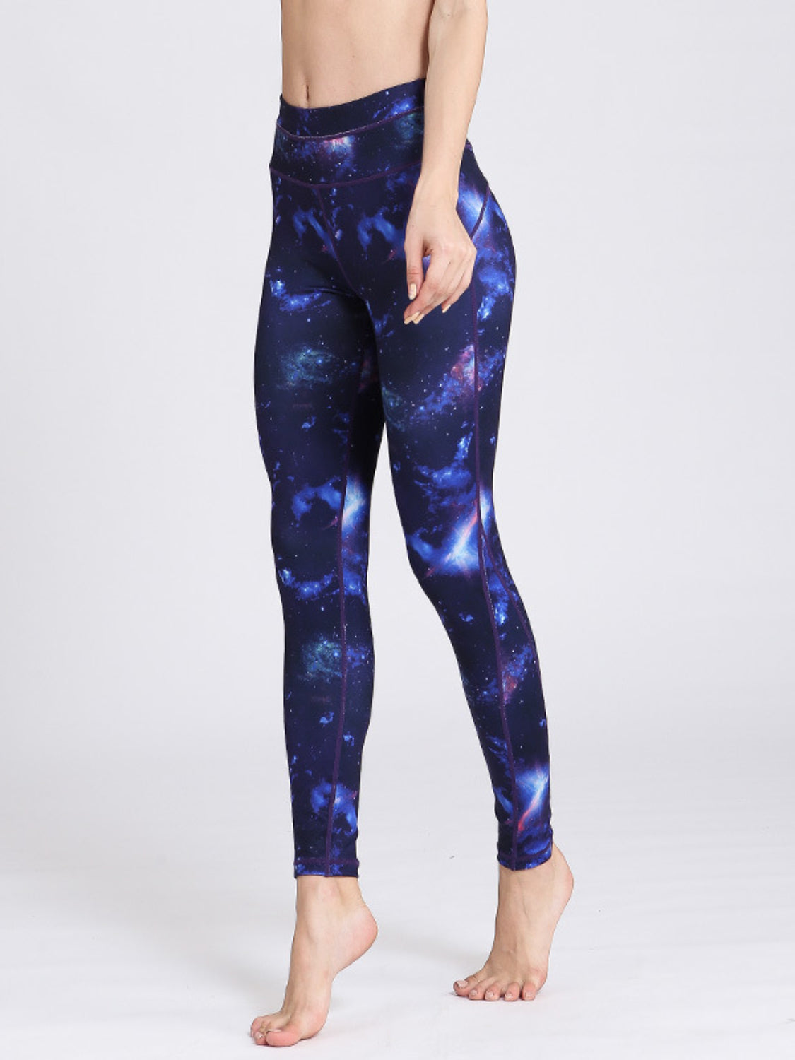 Navy cosmic print contour leggings with piping detail