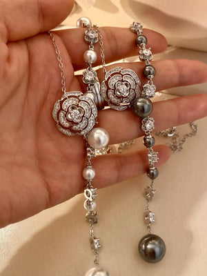 Pearl flower Y-necklace with white and gray pearls and crystal accents