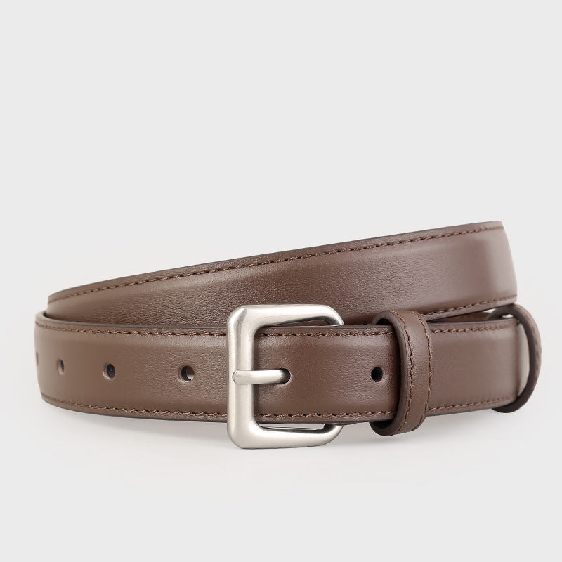 Brown cowhide leather belt with silver buckle and stitched detail