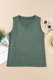 Sage green textured V-neck sleeveless tank top with ribbed trim