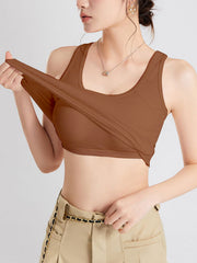 Sculpted Back Crop Tank in Caramel, showing stretchy fabric and scoop neckline.
