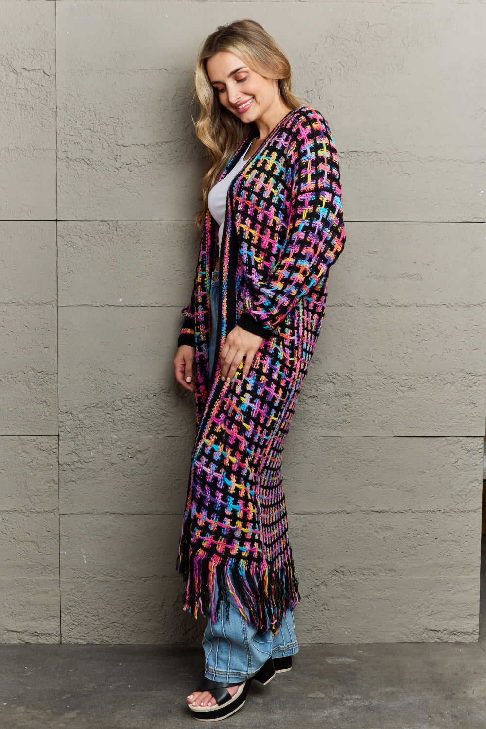Chromatic crochet maxi cardigan with fringe detail in multi color.