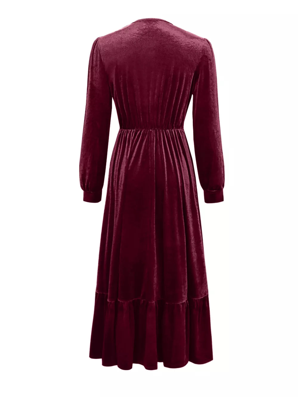 Cerise velvet maxi dress with voluminous sleeves and tiered hem