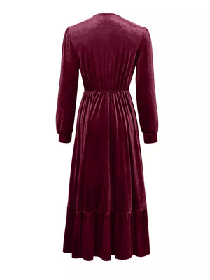Cerise velvet maxi dress with voluminous sleeves and tiered hem