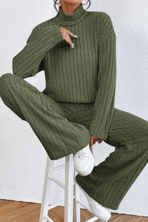 Ribbed knit turtleneck lounge set in Matcha Green, featuring wide-leg pants and a long-sleeve top.