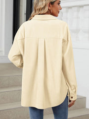 Pastel Yellow corduroy overshirt with buttoned cuffs and back pleats.