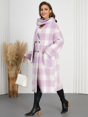 Pink purple plaid cocoon coat and scarf set with double breasted buttons and pockets.