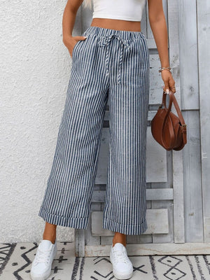 Navy blue and white striped wide leg pants with drawstring and pockets