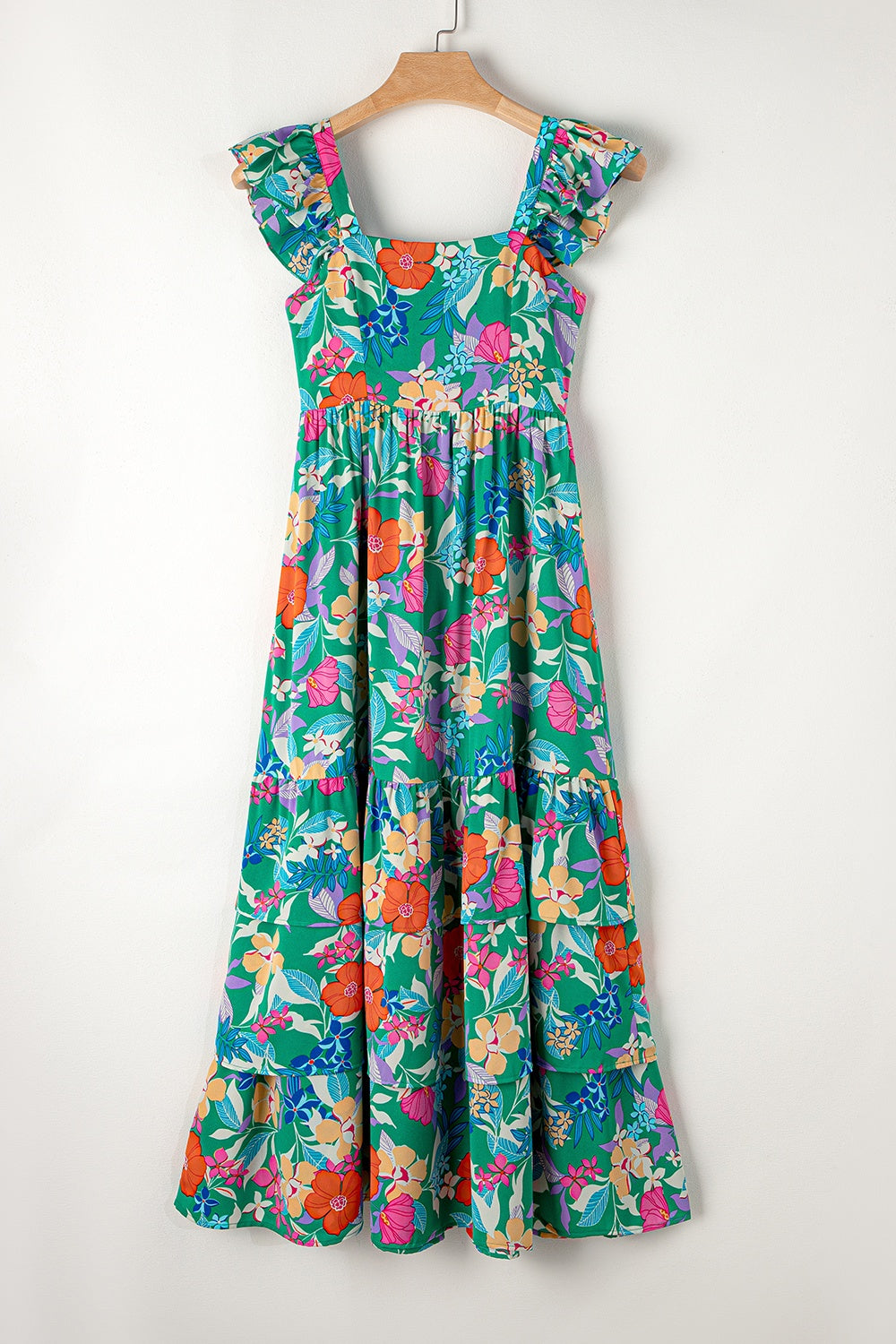 Green floral ruffle-sleeve tiered midi dress with square neckline