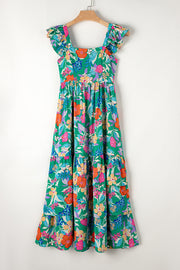 Green floral ruffle-sleeve tiered midi dress with square neckline