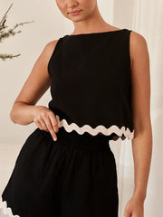 Black linen tank top and shorts set with scalloped trim