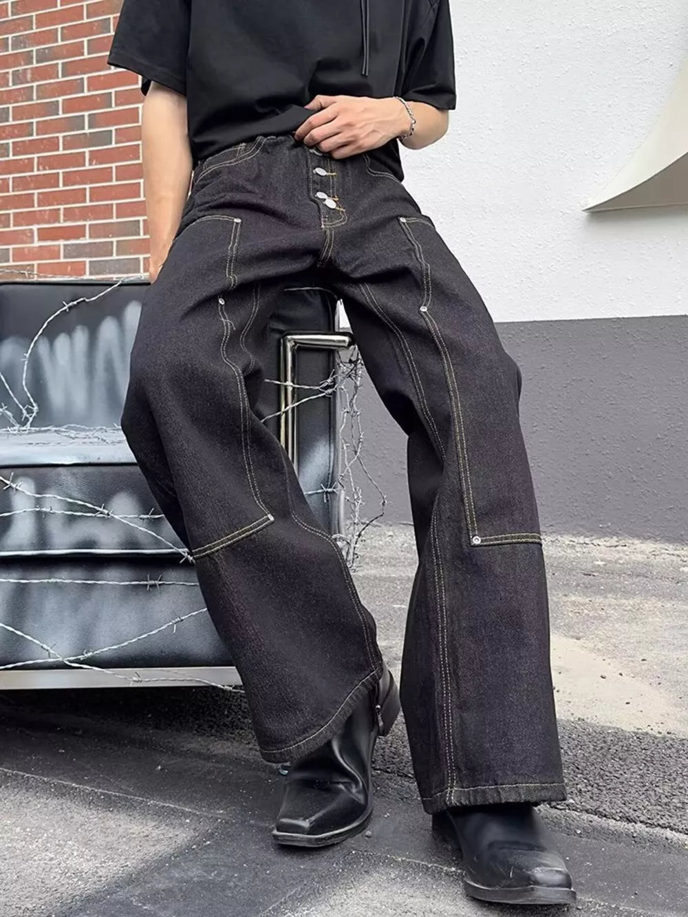 Classic vintage wide leg jeans for him in dark wash cotton with contrast stitching.
