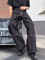 Classic vintage wide leg jeans for him in dark wash cotton with contrast stitching.