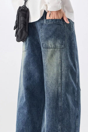 Men's vintage wash wide-leg jeans in blue denim with a relaxed fit.