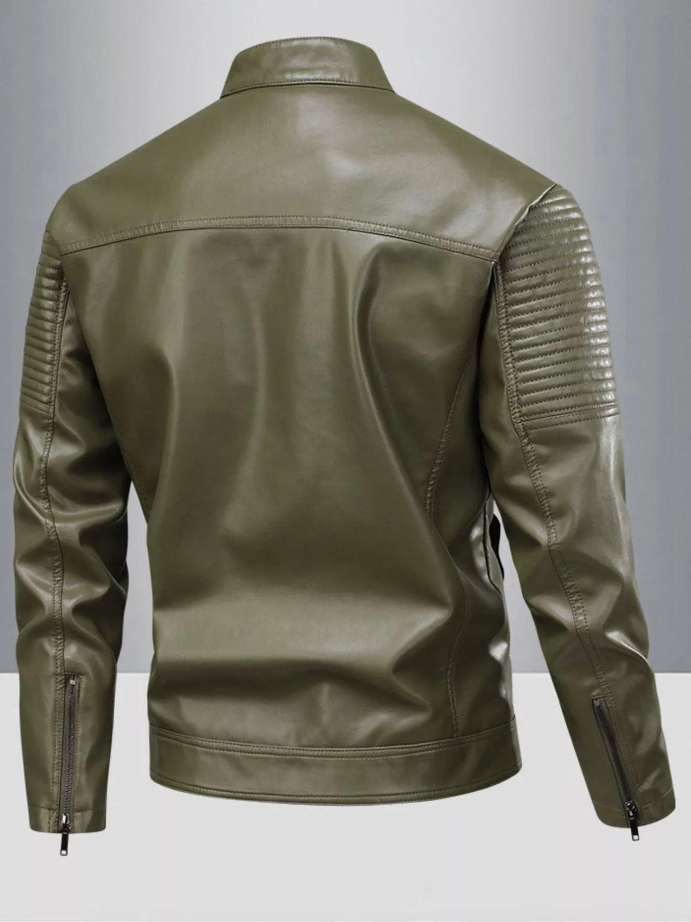 Khaki leather motorcycle jacket with quilted shoulder detail and zippered cuffs.