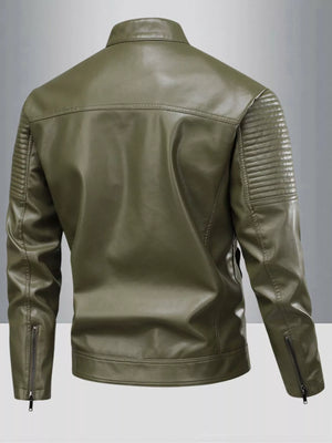 Khaki leather motorcycle jacket with quilted shoulder detail and zippered cuffs.