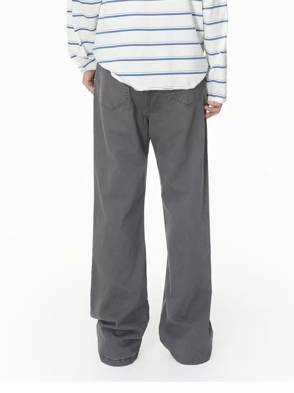 Men's relaxed fit grey cotton jeans with buttoned closure and classic back pockets.
