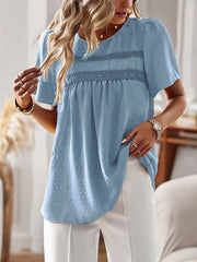 Light Blue Textured Puff Sleeve Yoke Top with lace detail and short sleeves