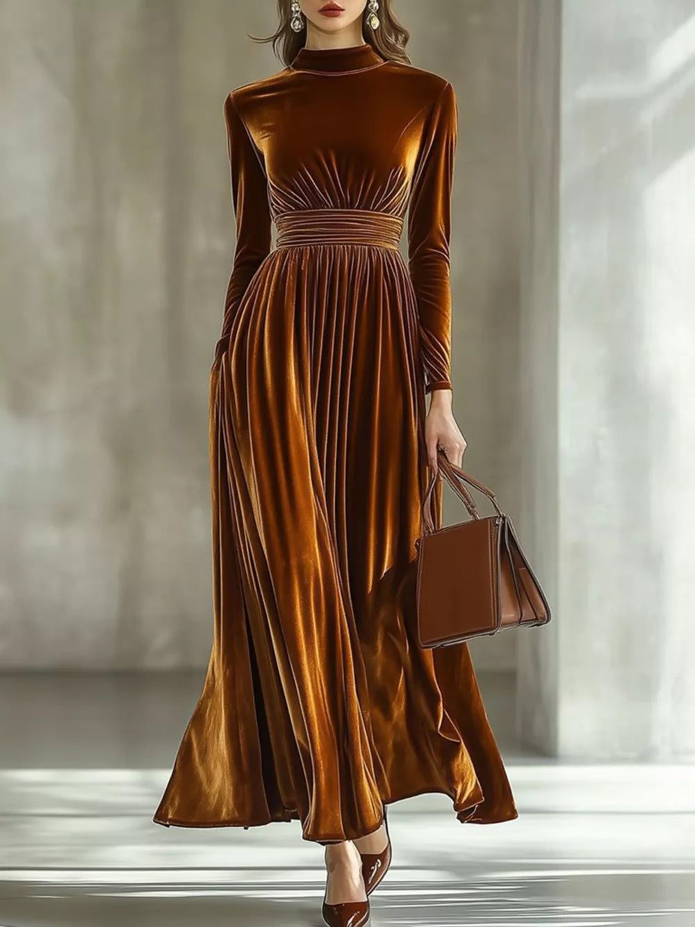 Mock Neck Long Sleeve Maxi Dress in Caramel, close-up detail