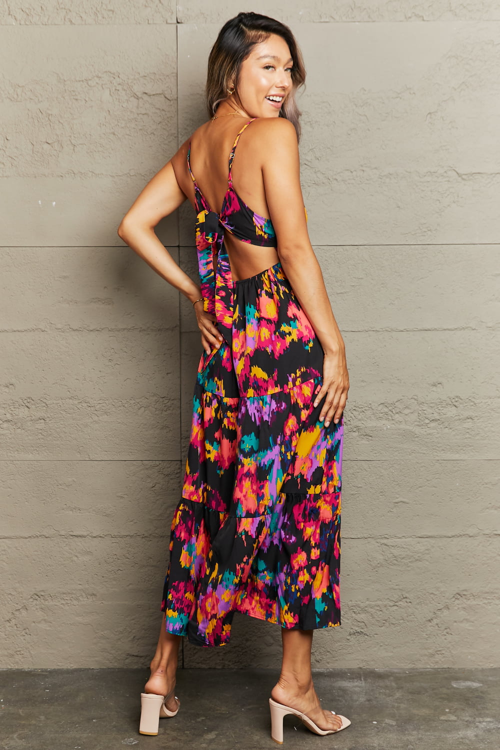 Black midi dress with abstract brushstroke print and back tie detail