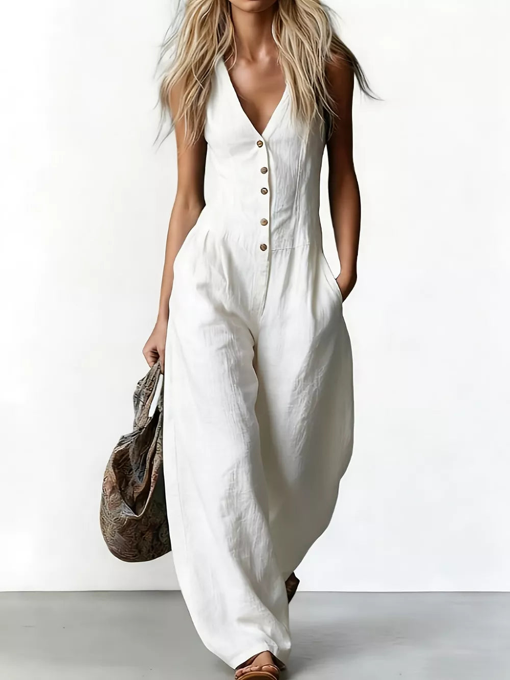 V-neck Button-down Wide-leg Jumpsuit in White, front view